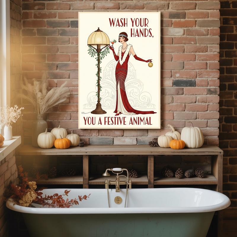 Festive Wash Your Hands canvas art for guest bathroom, whimsical ornaments and stars, great holiday housewarming gift