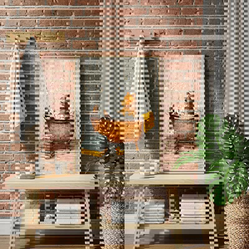 Bear in the tub canvas wall art for bathroom, rustic fall farmhouse style, vertical orientation in muted neutral tones