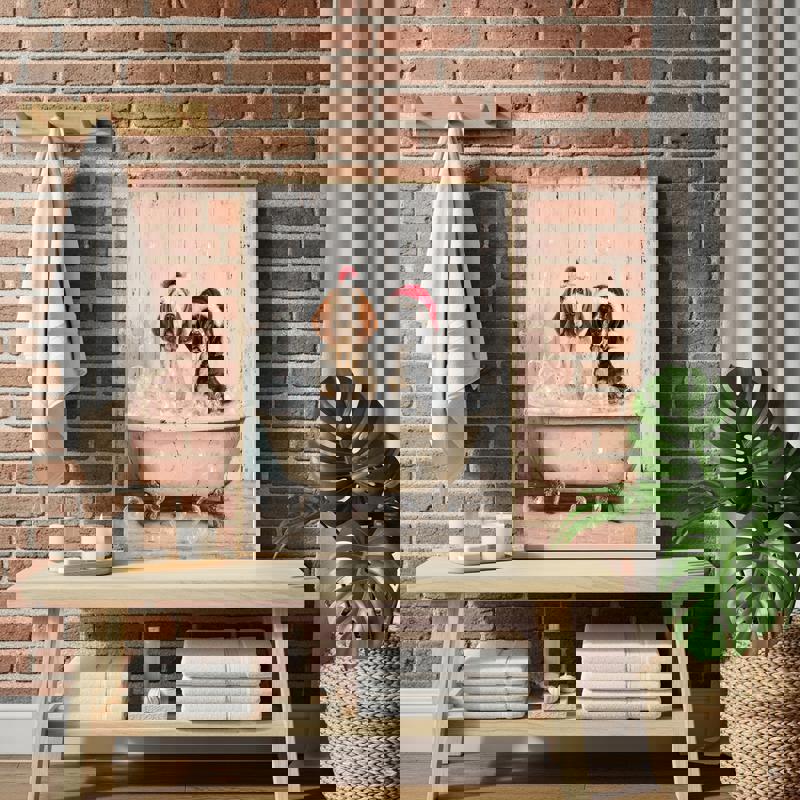 Christmas dog bath scene canvas with Blenheim Cavalier and Bloodhound, whimsical bathroom wall art, great holiday gift