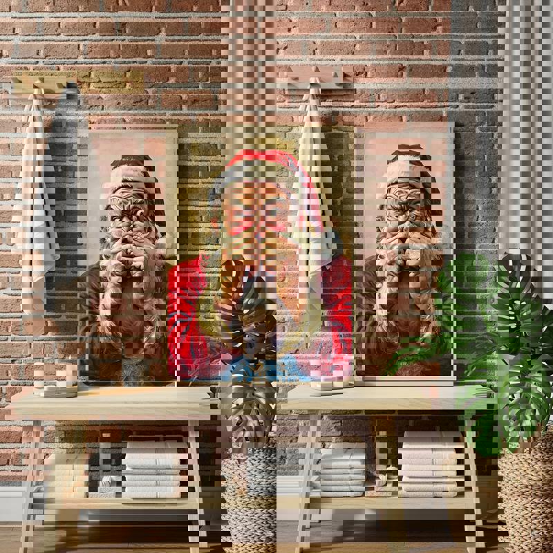 Funny Christmas Santa Claus bathroom wall art canvas, portrait, minimalist style with red and white holiday palette