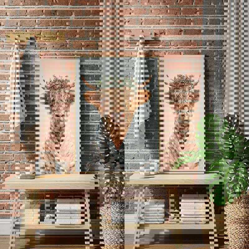 Highland cow in plush white bathrobe with Christmas wreath canvas, funny holiday wall art great for farmhouse bathroom decor