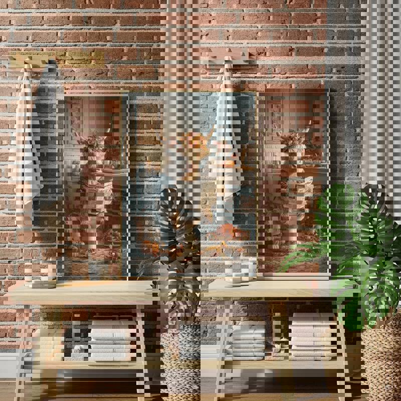 Highland cow bathroom canvas art, cow on toilet with fall leaves and corn husks, vertical portrait for guest bath wall