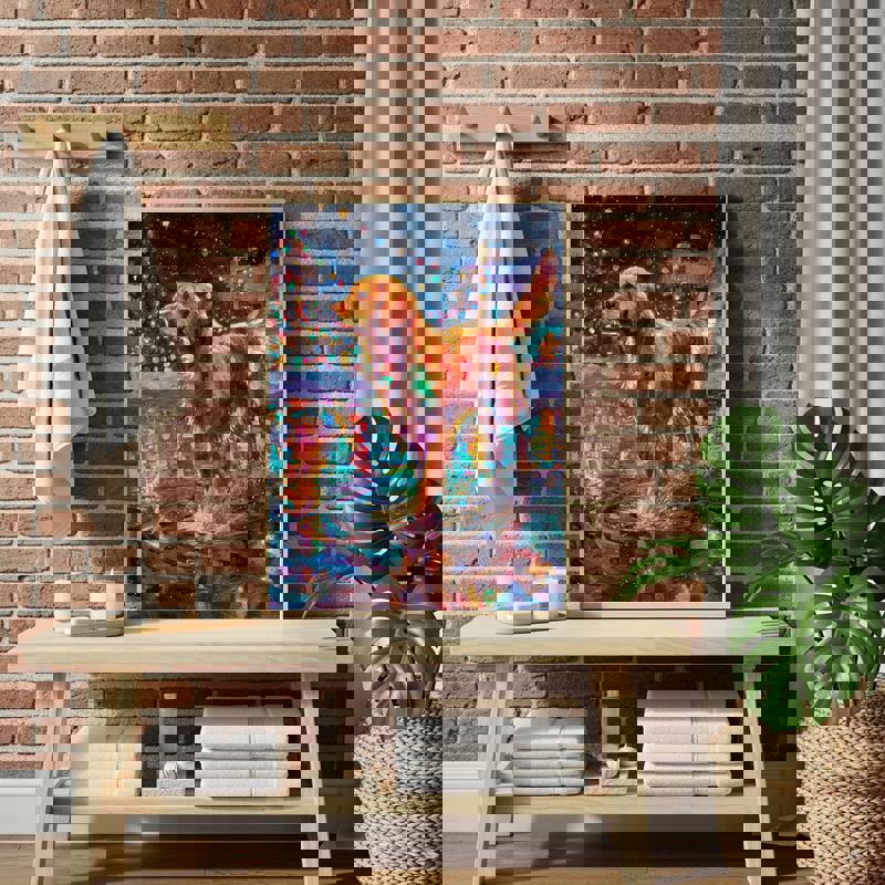 Christmas dog bathroom canvas wall art, oil brush strokes with festive shake, landscape orientation for holiday decor