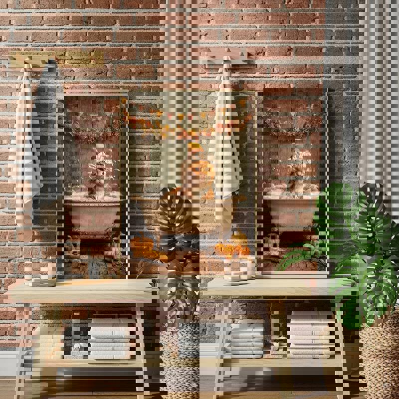 Whimsical cat soaking in tub autumn canvas print, portrait orientation for bathroom wall, earthy oranges and teal accents