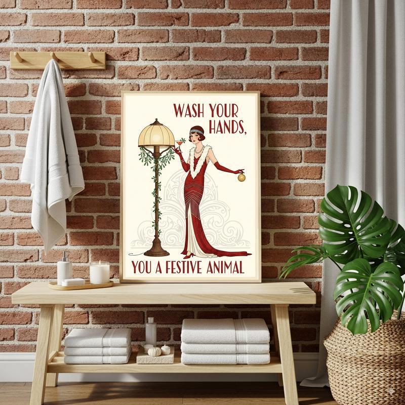 Festive Wash Your Hands canvas sign for bathroom decor, candy cane stripes and snowflakes on white, landscape layout