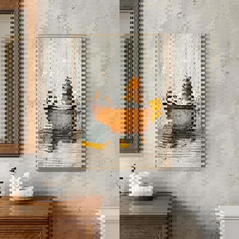 Bear in the tub framed canvas wall art, rustic lodge bathroom decor with autumn accents and dark wood frame detail