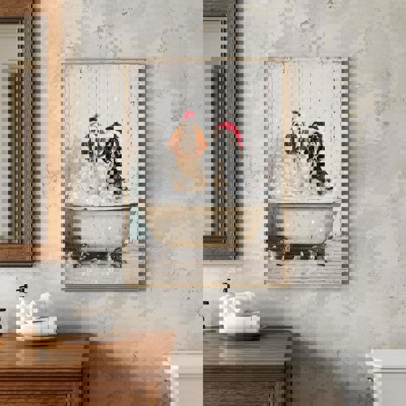 Festive Christmas canvas featuring Blenheim Cavalier and Bloodhound in a bubble bath, cheerful bathroom decor wall art