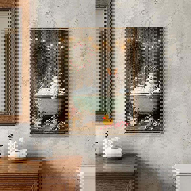 Christmas cat canvas for bathroom decor, square format showing a playful kitty in a tub with bubbles and winter cheer Christmas cat canvas for bathroom decor, square format showing a playful kitty in a tub with bubbles and winter cheer