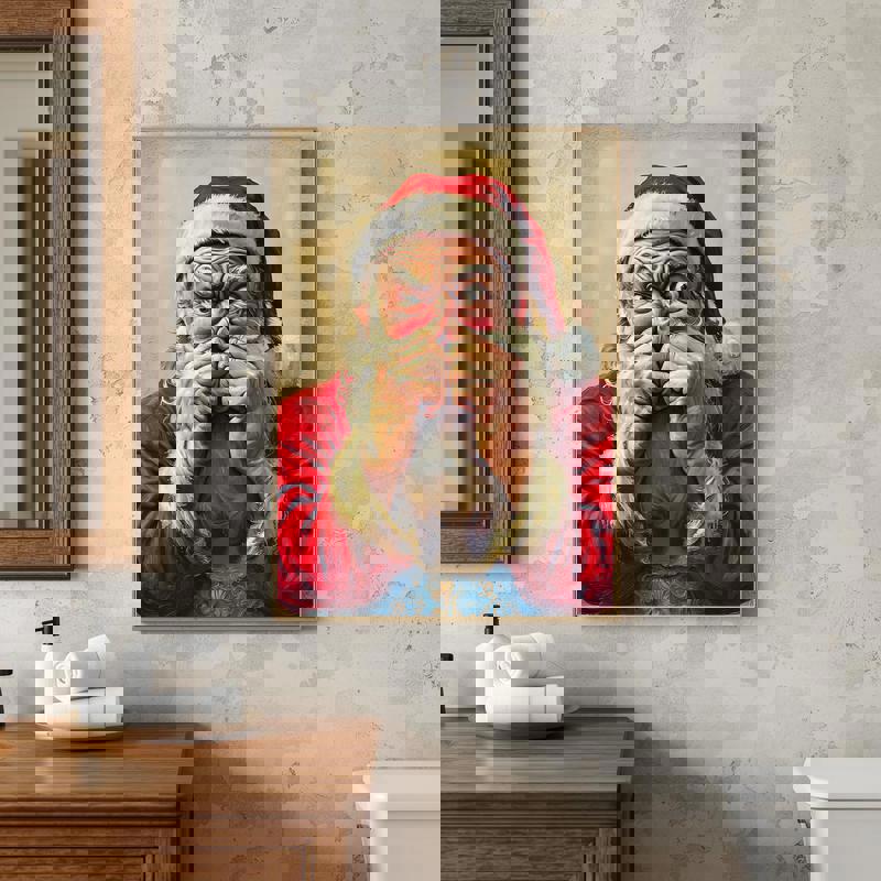 Funny Christmas Santa Claus bathroom decoration canvas with cheeky Santa, landscape, rustic farmhouse vibe for powder rooms