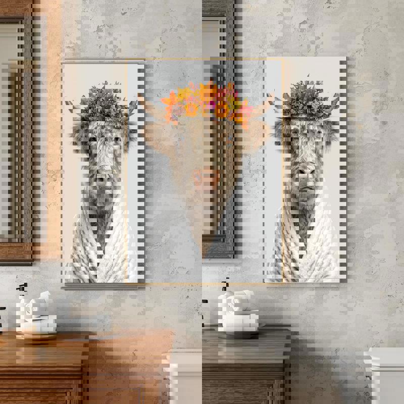 Highland cow canvas art with white bathrobe and autumn wreath, square rustic farmhouse piece for Thanksgiving bathroom decor Highland cow canvas art with white bathrobe and autumn wreath, square rustic farmhouse piece for Thanksgiving bathroom decor