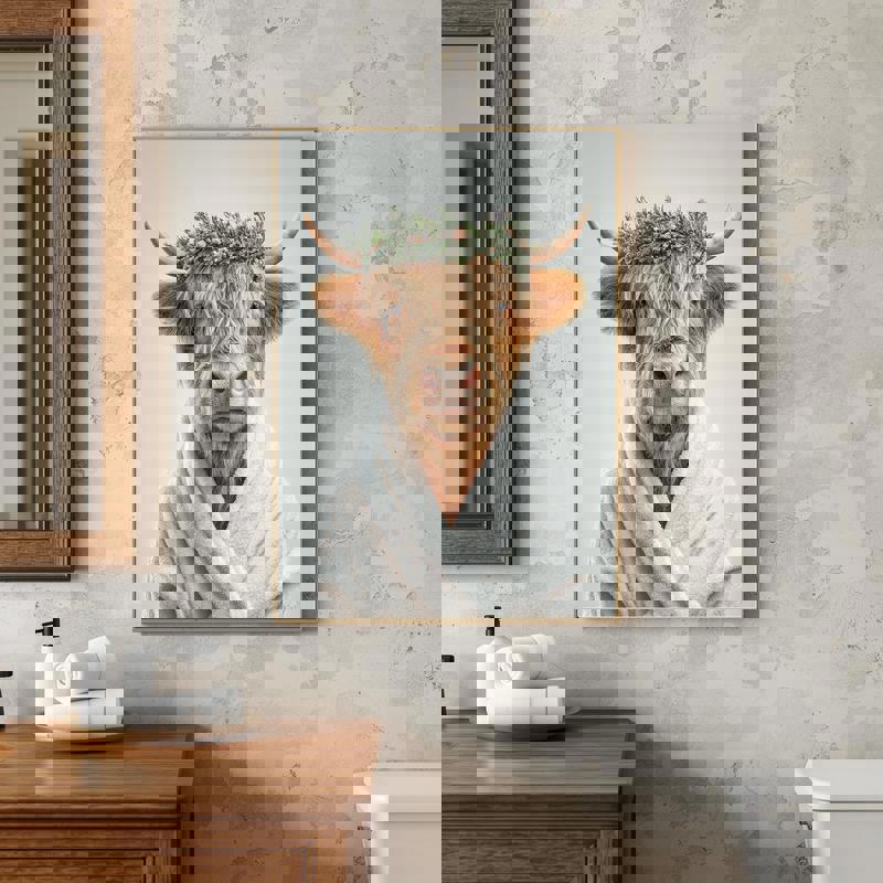 Highland cow wearing white robe and Christmas wreath canvas, playful holiday art to brighten bathroom or powder room