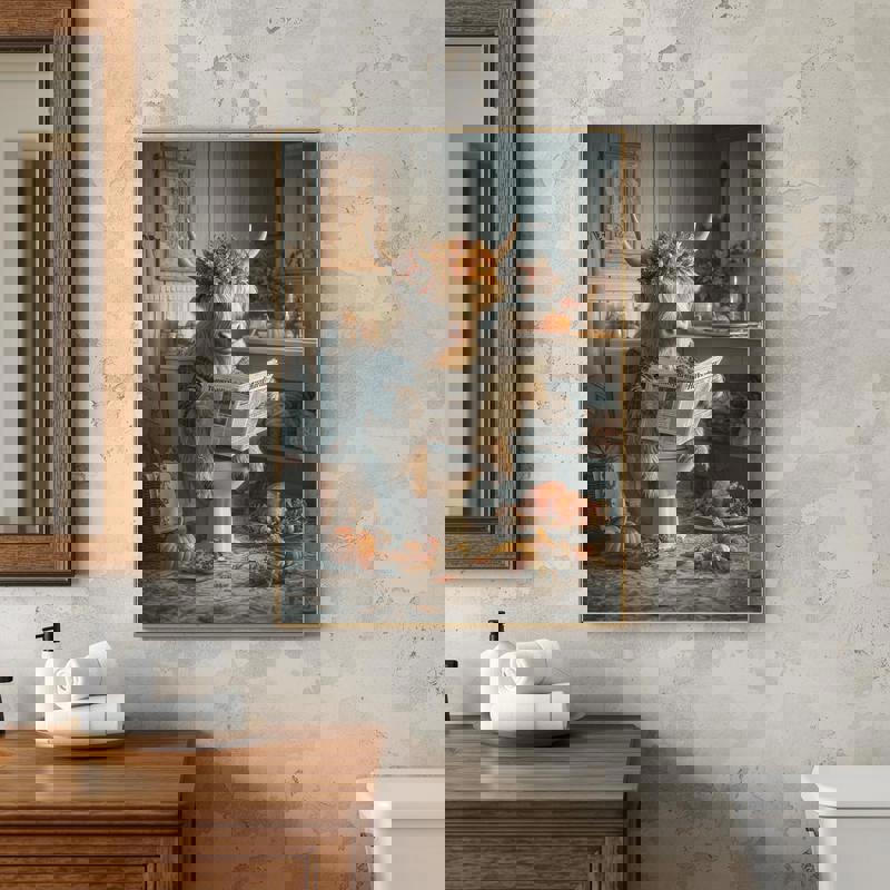 Highland cow fall bathroom canvas, humorous farmhouse wall art with autumn leaves and corn husks in warm earthy tones