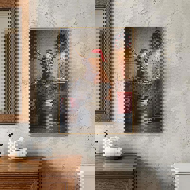 Highland cow with red Santa hat reading newspaper on toilet canvas, cheeky Christmas bathroom wall art, landscape farmhouse