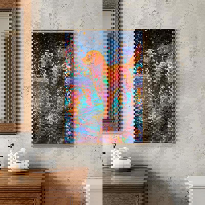 Christmas dog bathroom canvas print, textured oil brush style with playful shake, red and green accents for seasonal decor