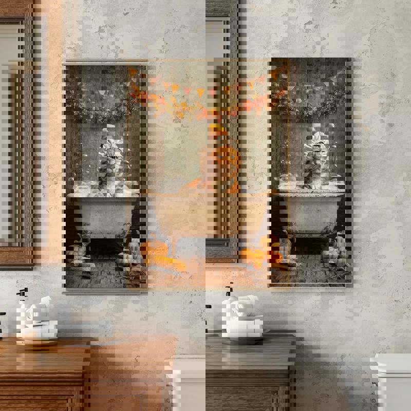 Minimalist autumn cat in bathtub canvas wall art, landscape layout for restroom decor with subtle leaves and soft neutrals