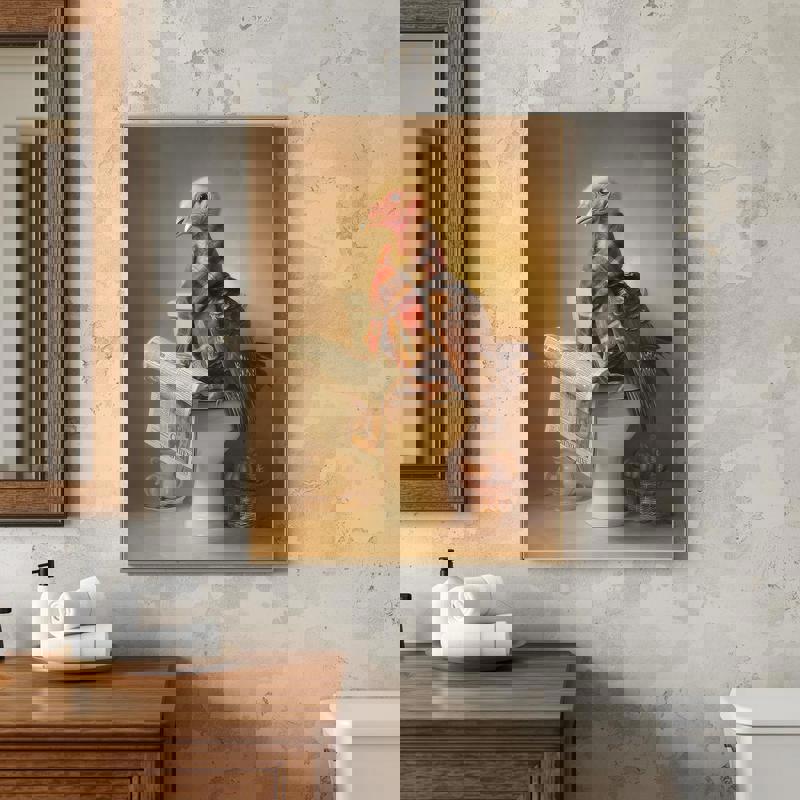 Turkey wearing a plaid scarf on toilet canvas, farmhouse bathroom wall art with rustic charm for country decor.