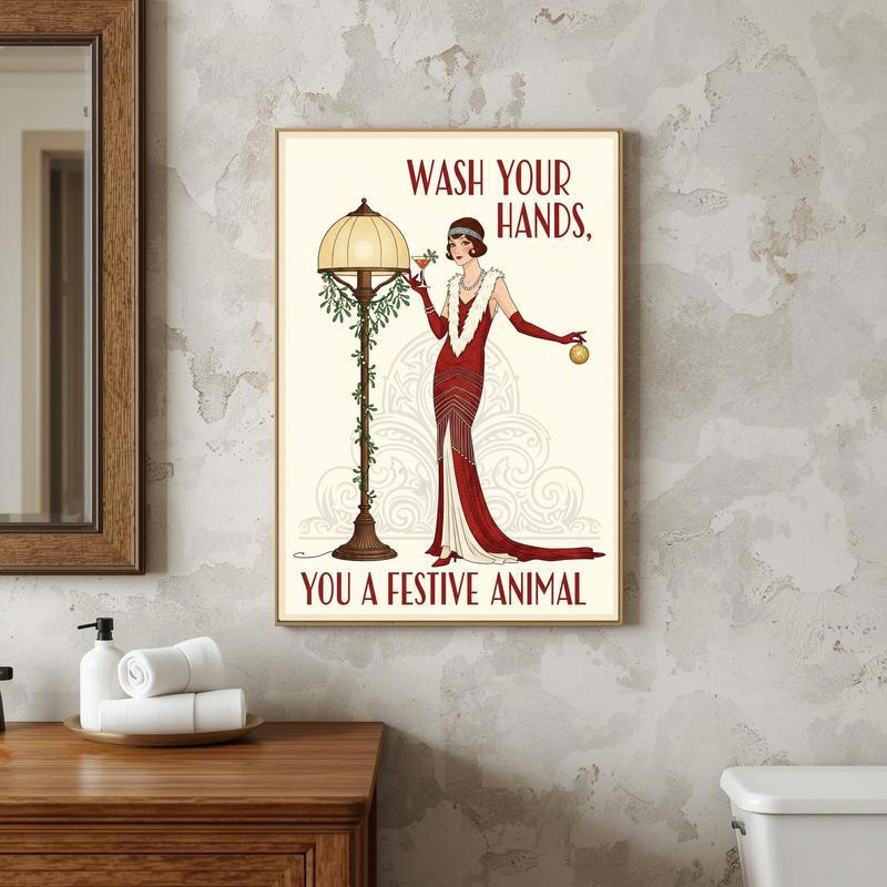 Festive Wash Your Hands canvas with gold lettering and pine sprigs, modern minimalist bathroom art, square format
