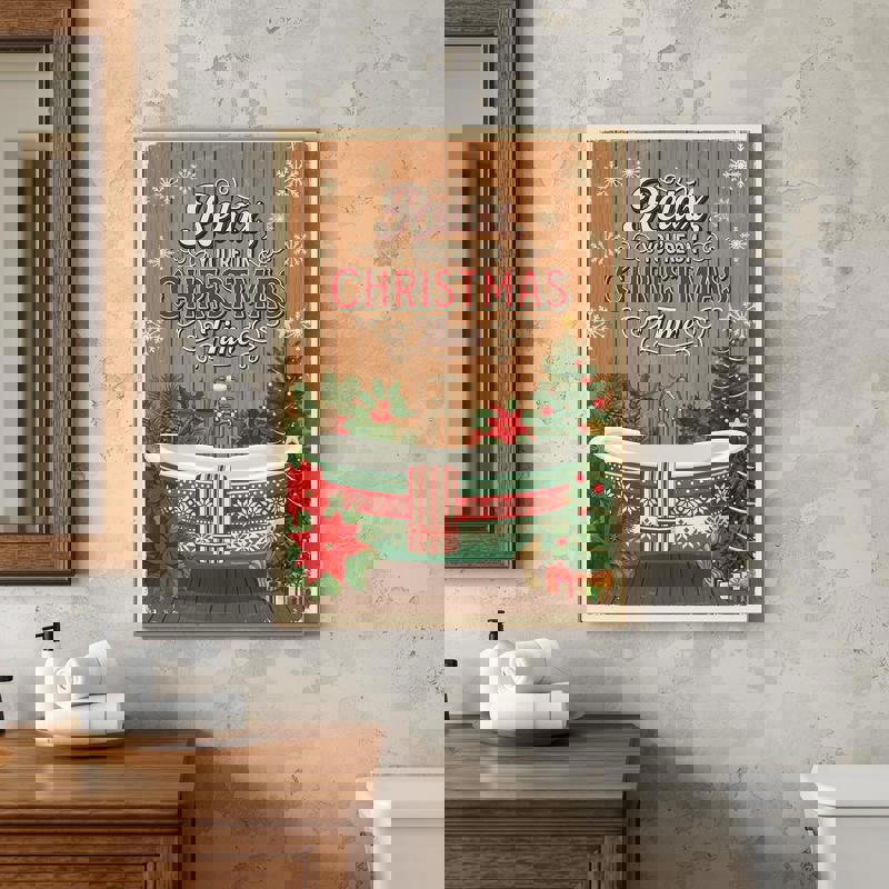 Christmas bathroom canvas, You're On Bath Christmas Time in black-and-white typography, horizontal design for modern decor