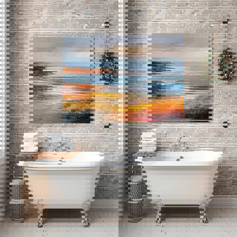 Calm harmony seascape canvas wall art, abstract brushstrokes in fall hues, tranquil coastal vibe for bathroom, square format