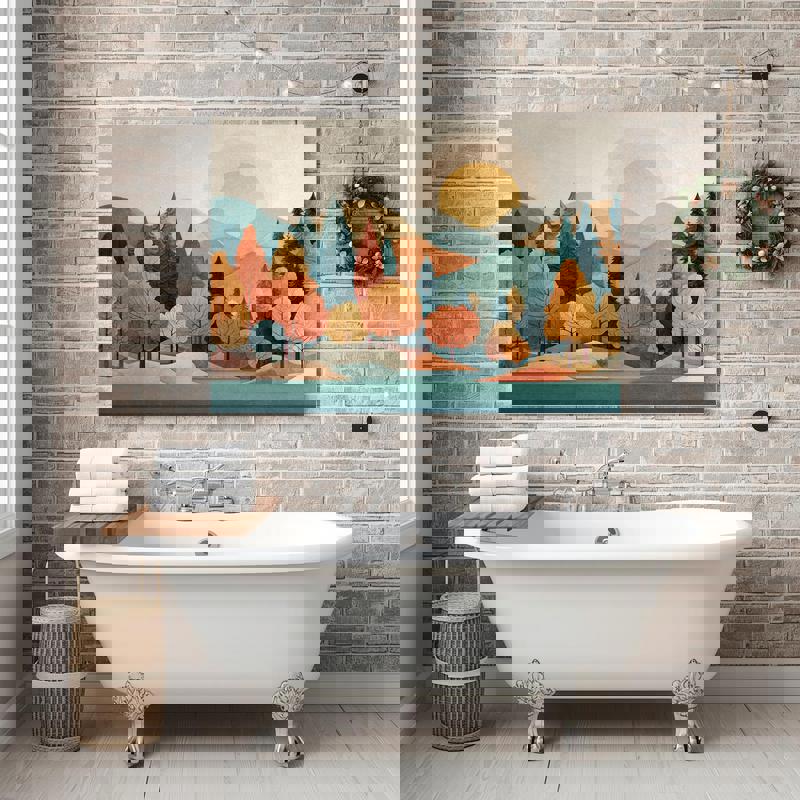 Pastel pine forest river landscape canvas wall art, soft bright hues for calming bathroom decor, morning mist over waterway