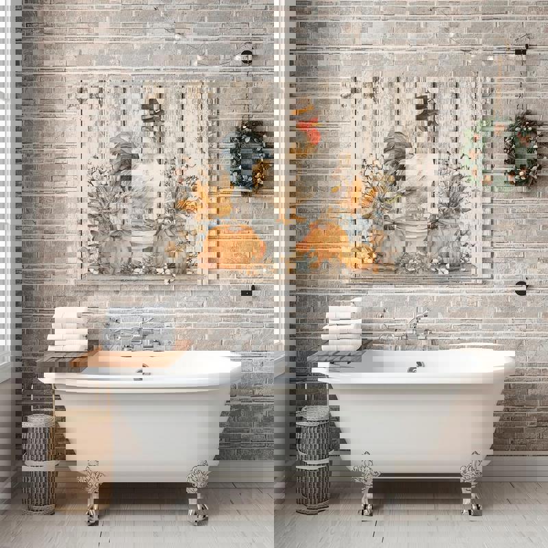 Chicken sitting on the toilet canvas wall art, vintage rustic farmhouse design in autumn colors for quirky bathroom decor