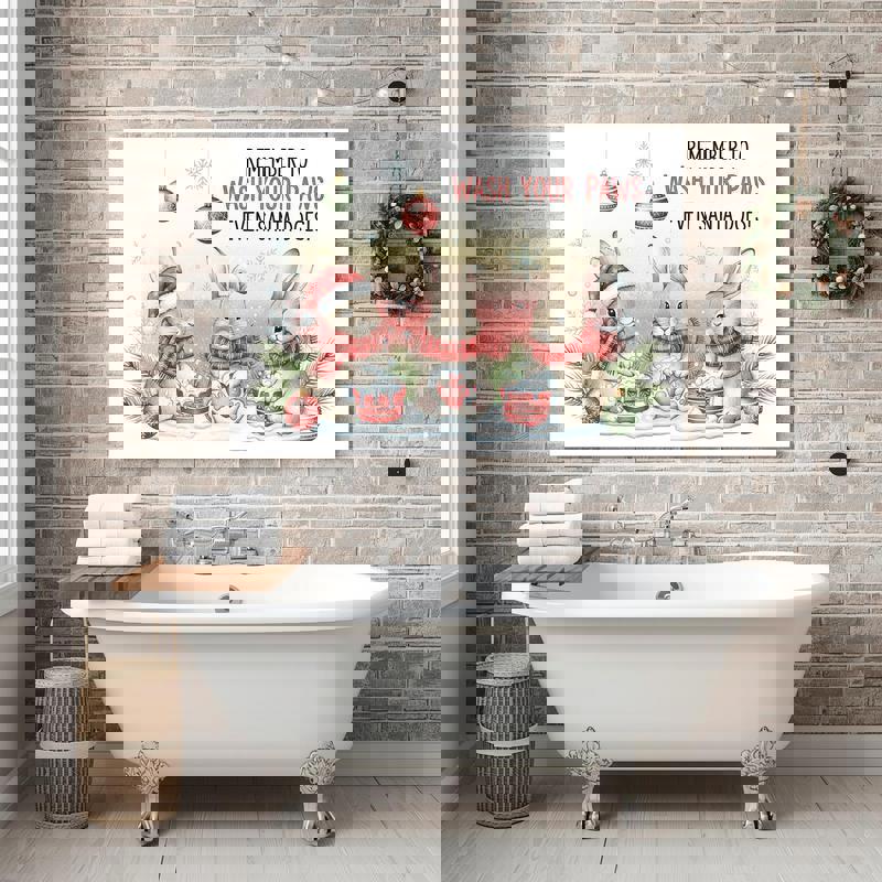 Christmas Bunny Bathtime canvas wall art featuring a bunny in bath, bathroom decor and holiday gift idea for rabbit lovers Christmas Bunny Bathtime canvas wall art featuring a bunny in bath, bathroom decor and holiday gift idea for rabbit lovers