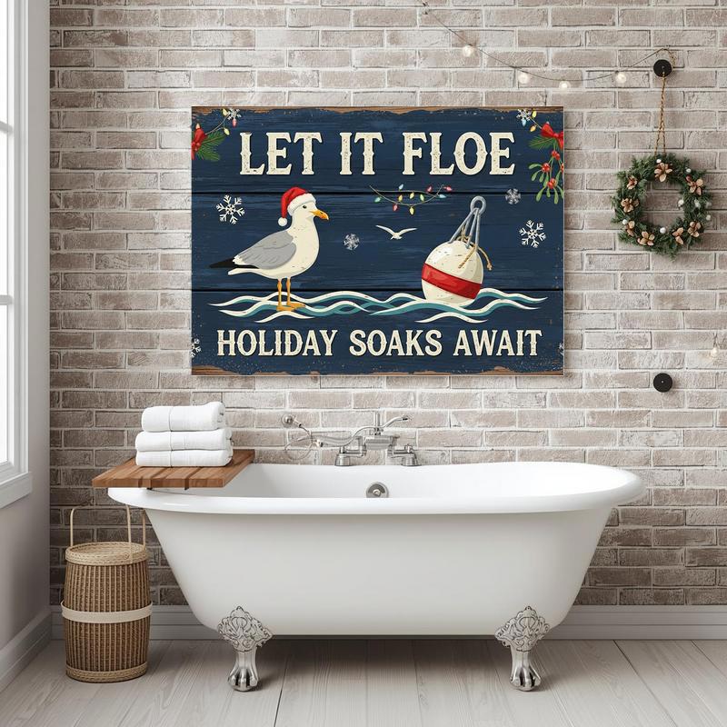 Christmas coastal bathroom canvas wall art with funny beachy restroom quote, gift for beach lovers and coastal homes