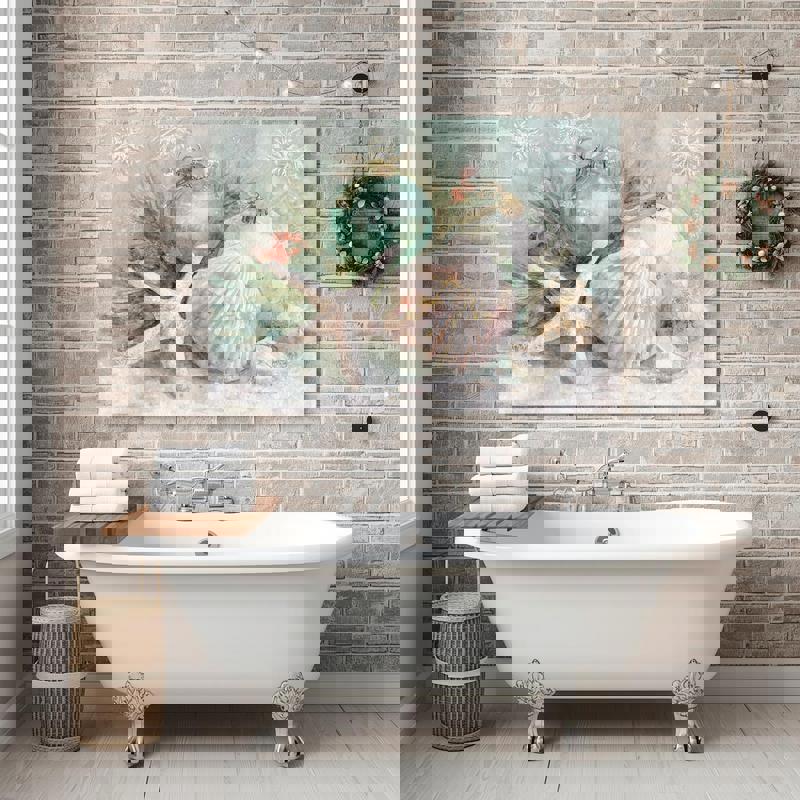 Coastal Christmas canvas wall art, pastel watercolor starfish and shells, soft mint palette, serene holiday bathroom decor, portrait