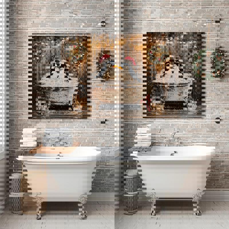 Couple penguins in Christmas bathtub canvas wall art, adorable holiday gift for couples and a cheerful accent for powder room walls
