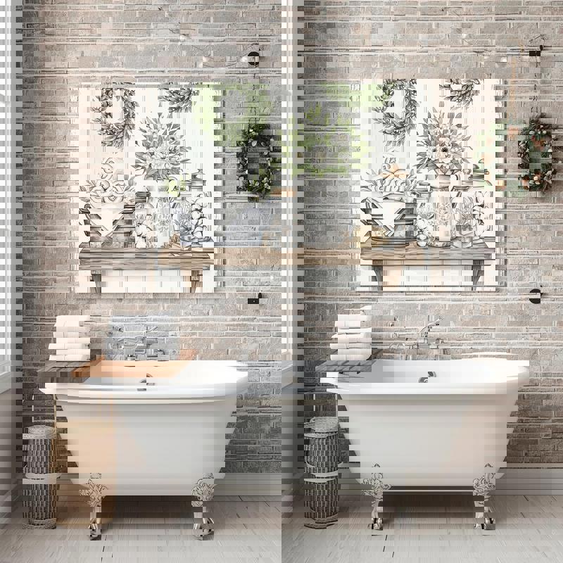 Farmhouse bathroom canvas wall art decor, minimalist rustic aesthetic in neutrals for a calm inviting bathroom atmosphere