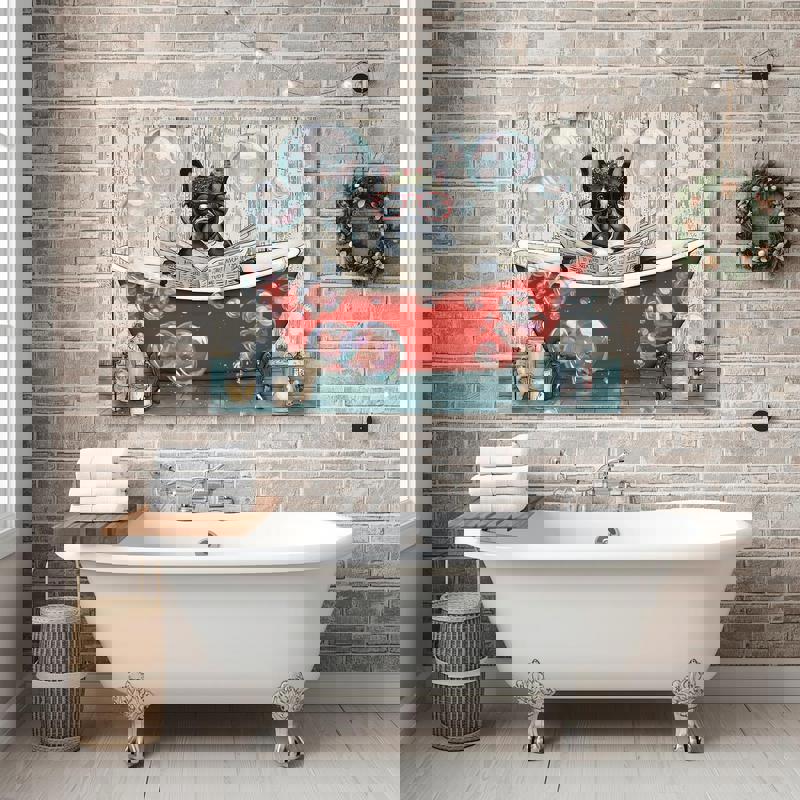 French Bulldog with Christmas wreath canvas wall art for bathroom, festive pet-themed decor to brighten your holiday season.