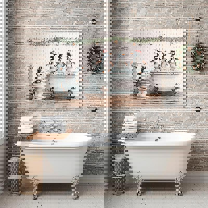 Funny Christmas Penguin canvas wall art for bathroom, crisp white background, square, fun holiday gift for penguin lovers Funny Christmas Penguin canvas wall art for bathroom, crisp white background, square, fun holiday gift for penguin lovers