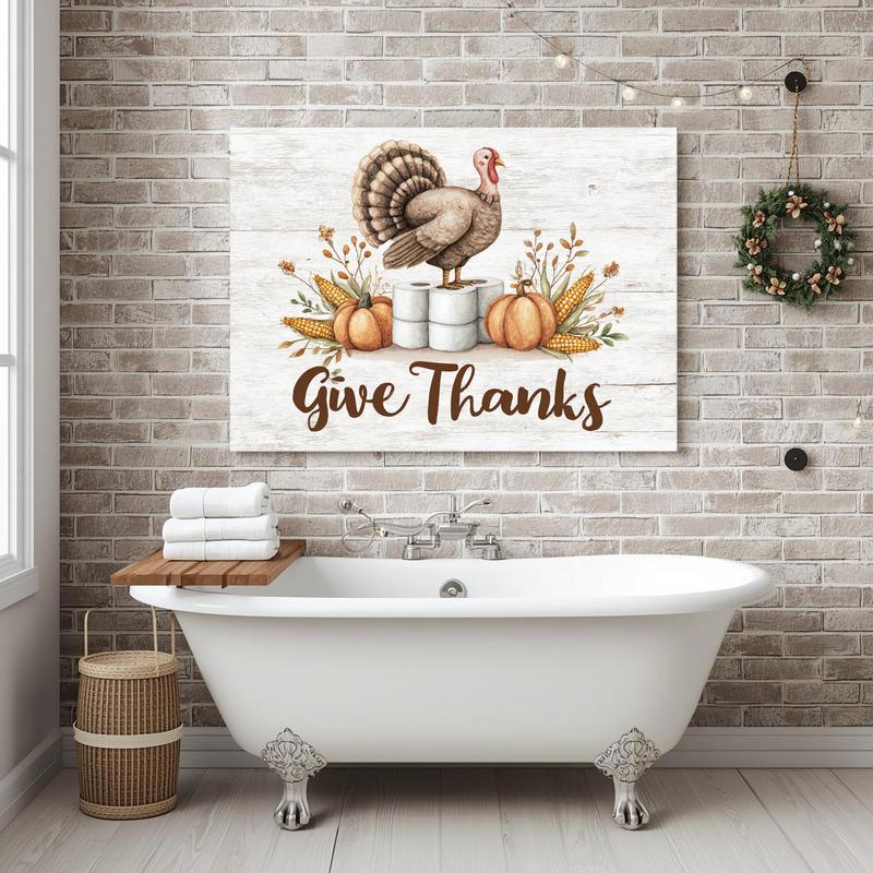 Funny Thanksgiving turkey canvas wall art, cheerful turkey illustration adds whimsical bathroom decor for festive fall vibes