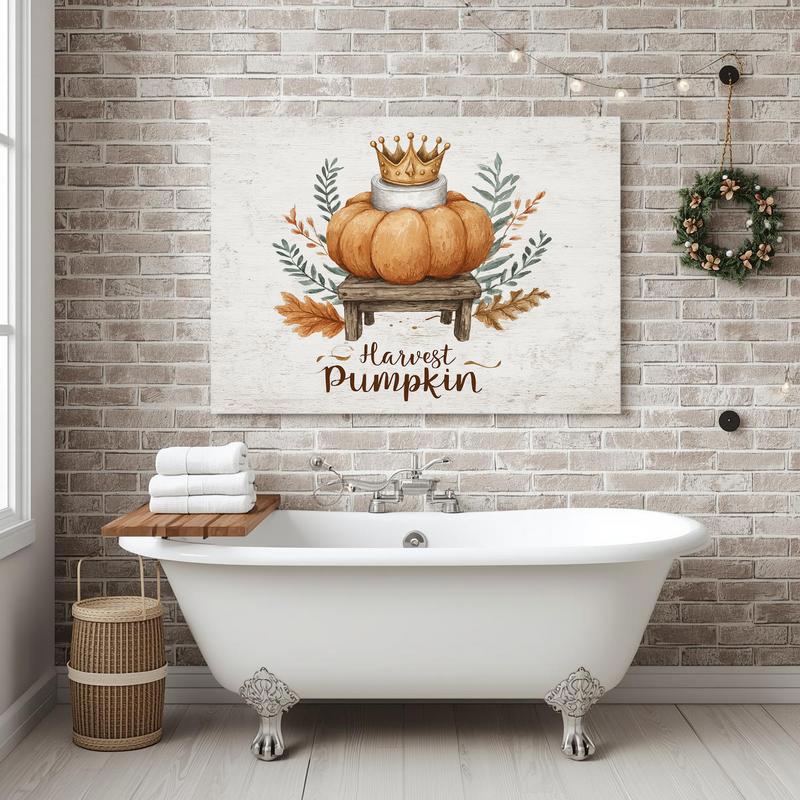 Harvest pumpkin with toilet paper canvas wall art, witty fall bathroom decor, cream background, portrait layout, farmhouse
