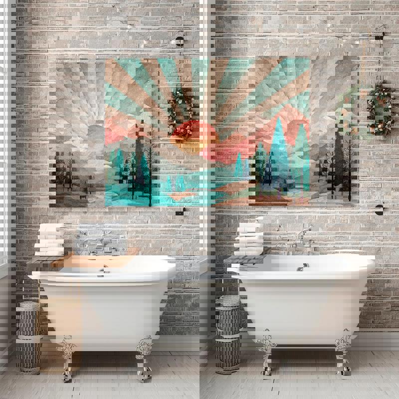 Pastel mountain landscape canvas wall art with sunrise sunburst above foggy valley, pastel tones ideal for bathroom decor