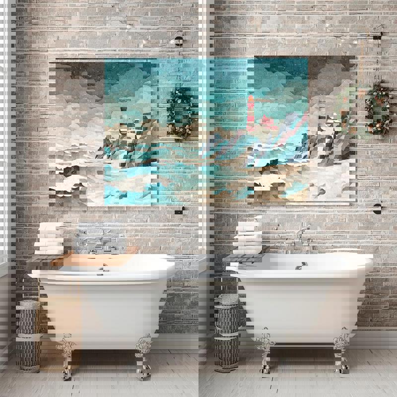 Playful pastel forest and river canvas wall art brings a whimsical Christmas touch to holiday powder room and bathroom decor