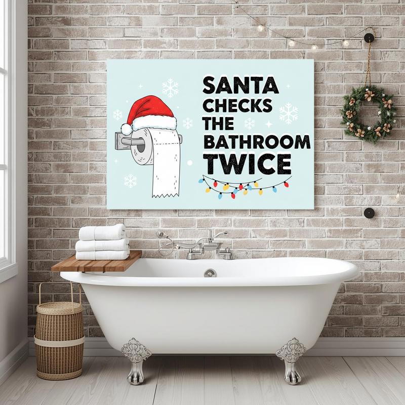 Christmas bathroom reminder canvas wall art, humorous 'Replace the Roll' sign with holly border, fun holiday gift for hosts