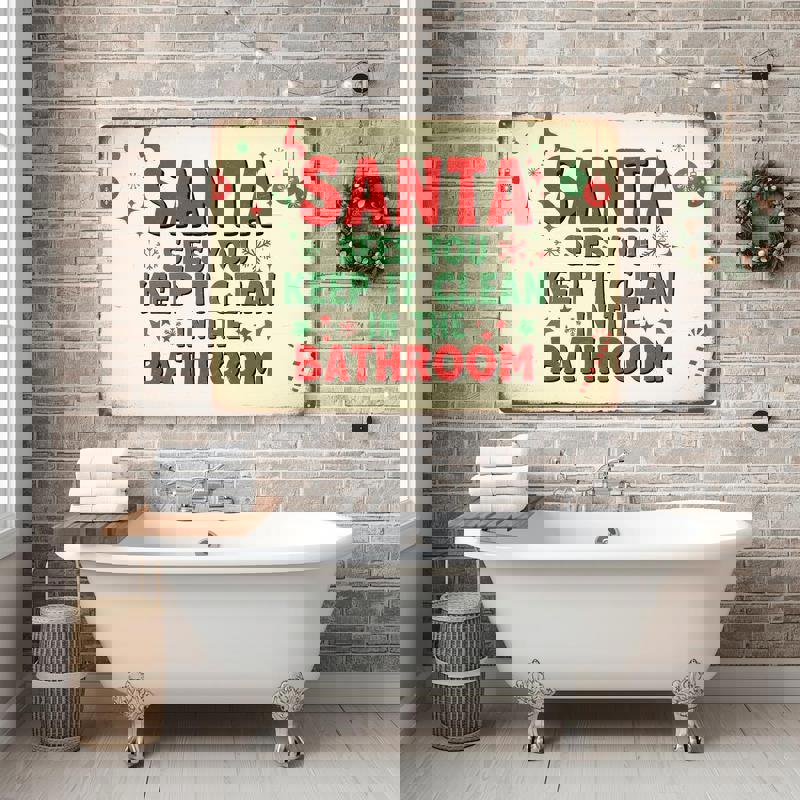 Santa Sees You Christmas canvas wall art, funny retro sign for guest bathroom; great white elephant gift for holiday parties. Santa Sees You Christmas canvas wall art, funny retro sign for guest bathroom; great white elephant gift for holiday parties.