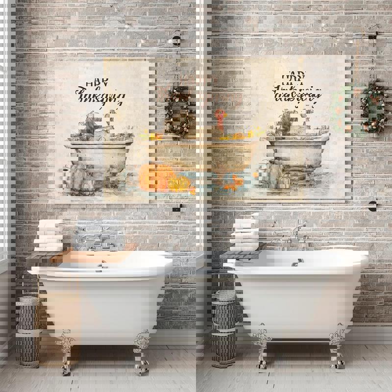 Thanksgiving turkey bathroom decoration canvas wall art, playful decor with a turkey in a bubbly tub for powder room.