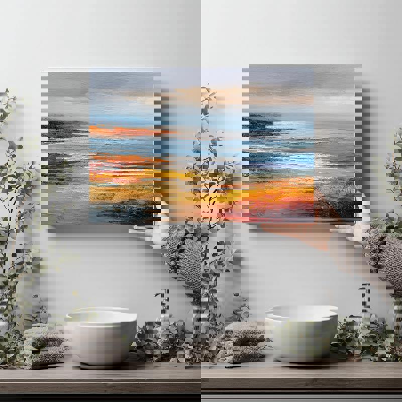 Calm harmony seascape canvas wall art, soothing shoreline scene with autumn palette, great gift for beach lovers, landscape