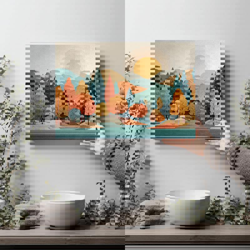 Pastel pine forest river landscape canvas wall art for bathroom, spa style in light blues and greens, tranquil flowing water