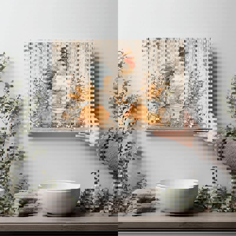 Chicken sitting on the toilet canvas wall art, cozy farmhouse fall bathroom decoration, humorous style for rustic homes