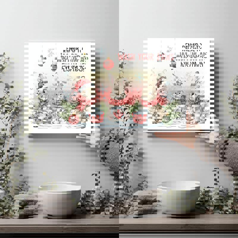 Christmas Bunny Bathtime canvas wall art adds a whimsical holiday rabbit bath scene to bathroom decor, seasonal accent Christmas Bunny Bathtime canvas wall art adds a whimsical holiday rabbit bath scene to bathroom decor, seasonal accent