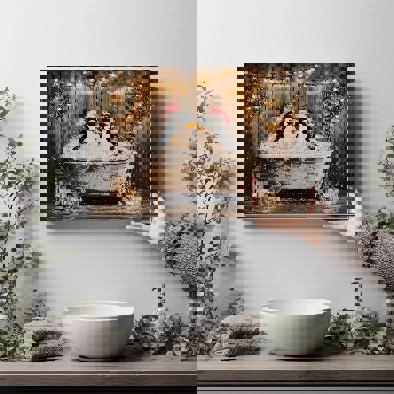 Couple penguins in Christmas bathtub canvas wall art, rustic farmhouse look in horizontal format for festive family bathroom decorating