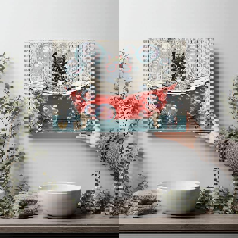 French Bulldog with Christmas wreath canvas wall art, seasonal bathroom decor and a sweet holiday gift for pet parents.