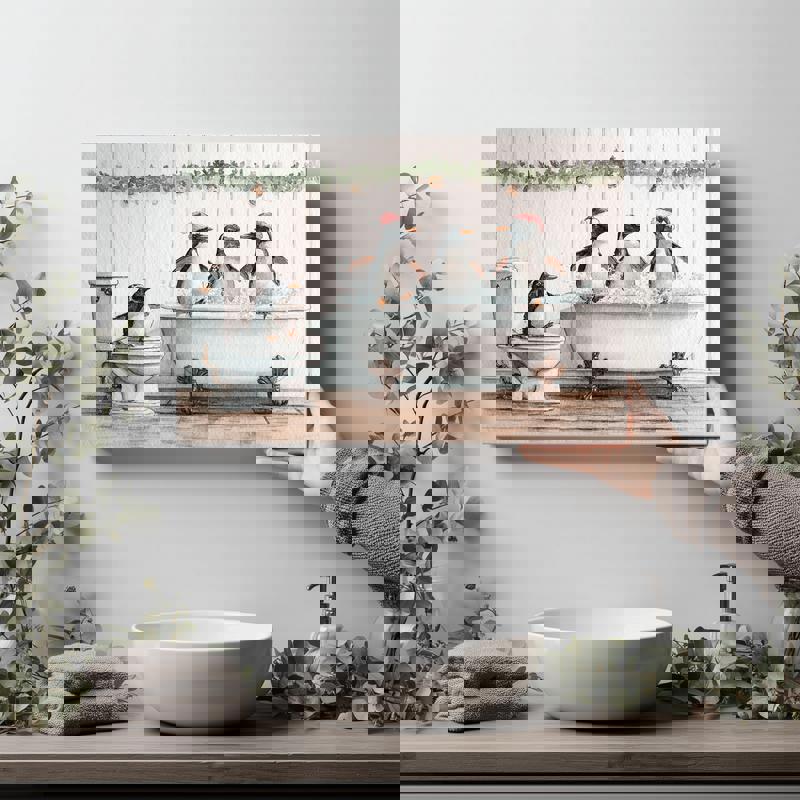 Funny Christmas Penguin canvas wall art for bathroom decor, green background, rustic style stretched canvas, landscape Funny Christmas Penguin canvas wall art for bathroom decor, green background, rustic style stretched canvas, landscape