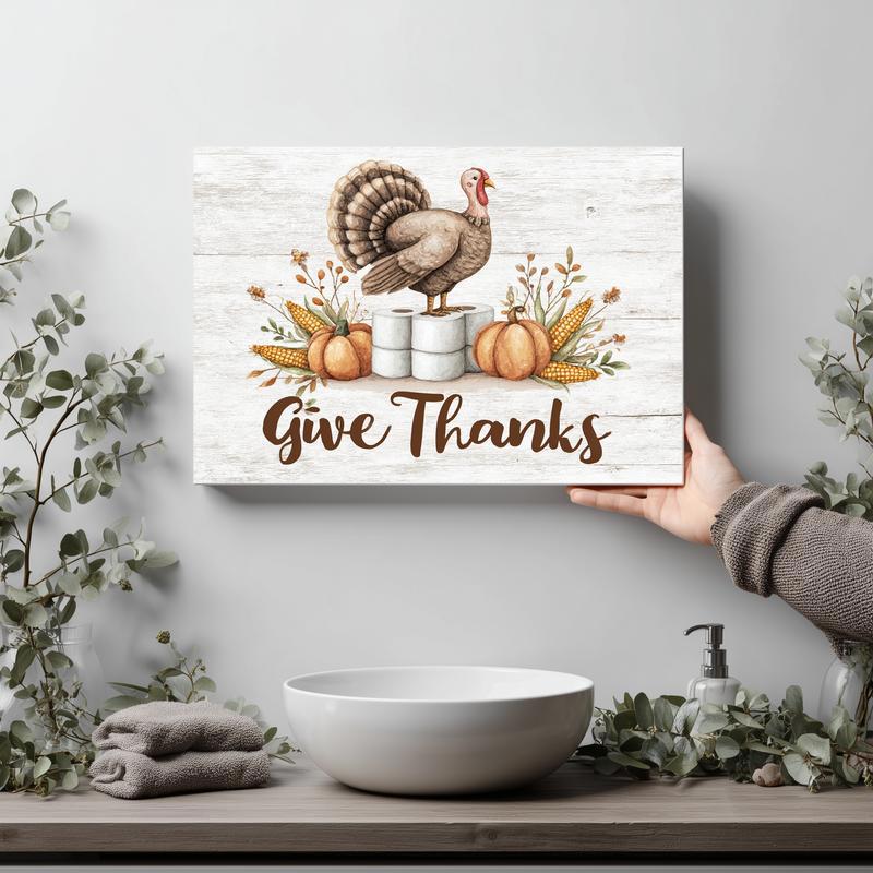 Funny Thanksgiving turkey canvas wall art for bathroom walls, lighthearted autumn accent to brighten a guest or half bath