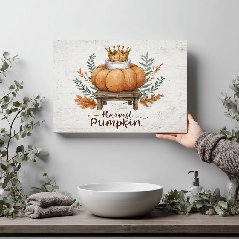 Harvest pumpkin with toilet paper canvas wall art, autumn farmhouse bathroom, muted palette, gallery wrap, square orientation