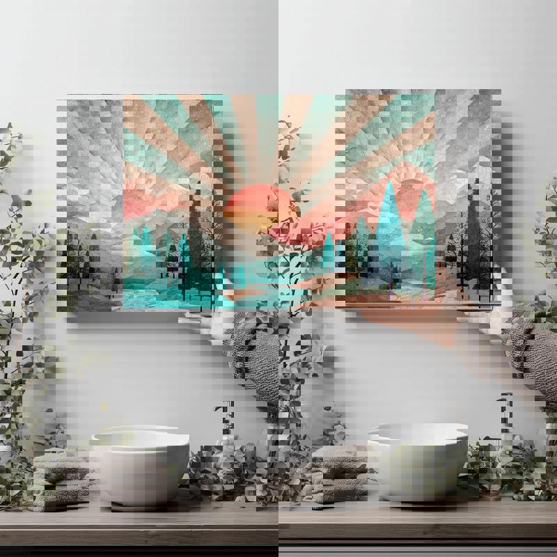 Pastel mountain landscape canvas wall art, calm nature scene with sunburst, square in blush-sage tones for powder room