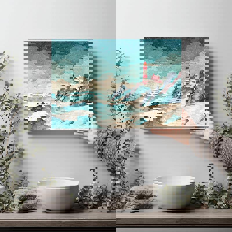 Playful pastel forest and river canvas wall art in a calming winter palette, Christmas accent for bathroom vanity wall